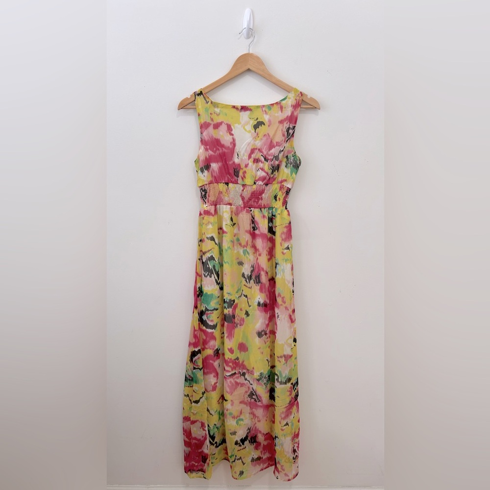 Chaudry Dress Womens Small V Neck Sleeveless Yellow Abstract Midi New - Picture 2 of 10